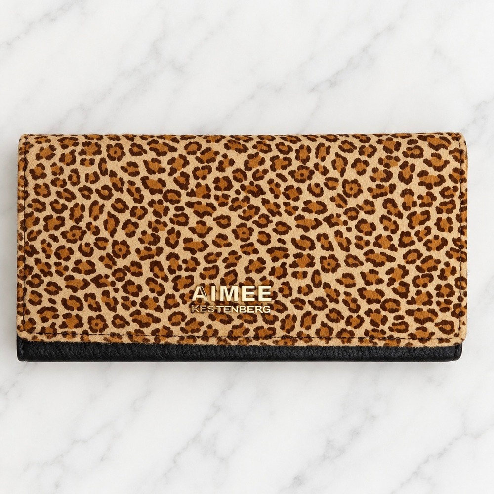 Aimee Kestenberg Leopard Calf Hair Leather Tri-Fold Wallet Black Gold NWT